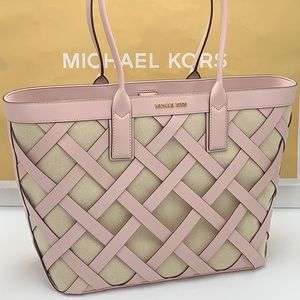 Michael Kors Sienna Large Tote Shoulder Bag Powder Blush Leather Canvas